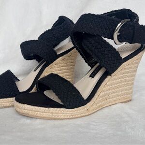 Black Espadrille Wedge Sandals Ankle Strap Platform Rope Heel Summer Casual 7